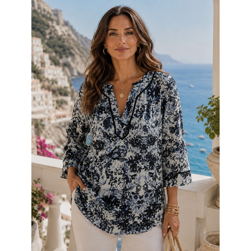 Rebecca Taylor Silk Floral Lace Trim Tunic Blouse Blue Black White Womens 12